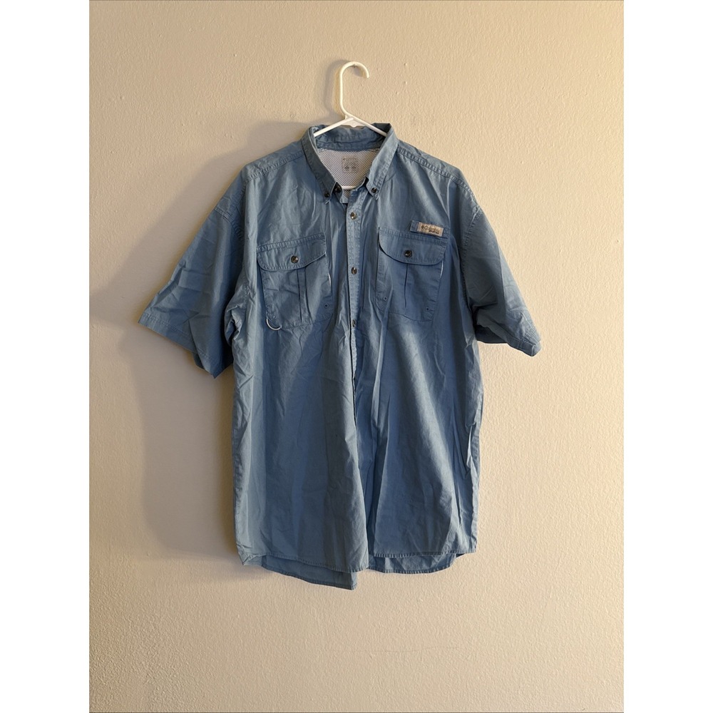 Columbia PFG Short Sleeve‎ Fishing Shirt, Button Down, Pockets Galore, Teal, XXL